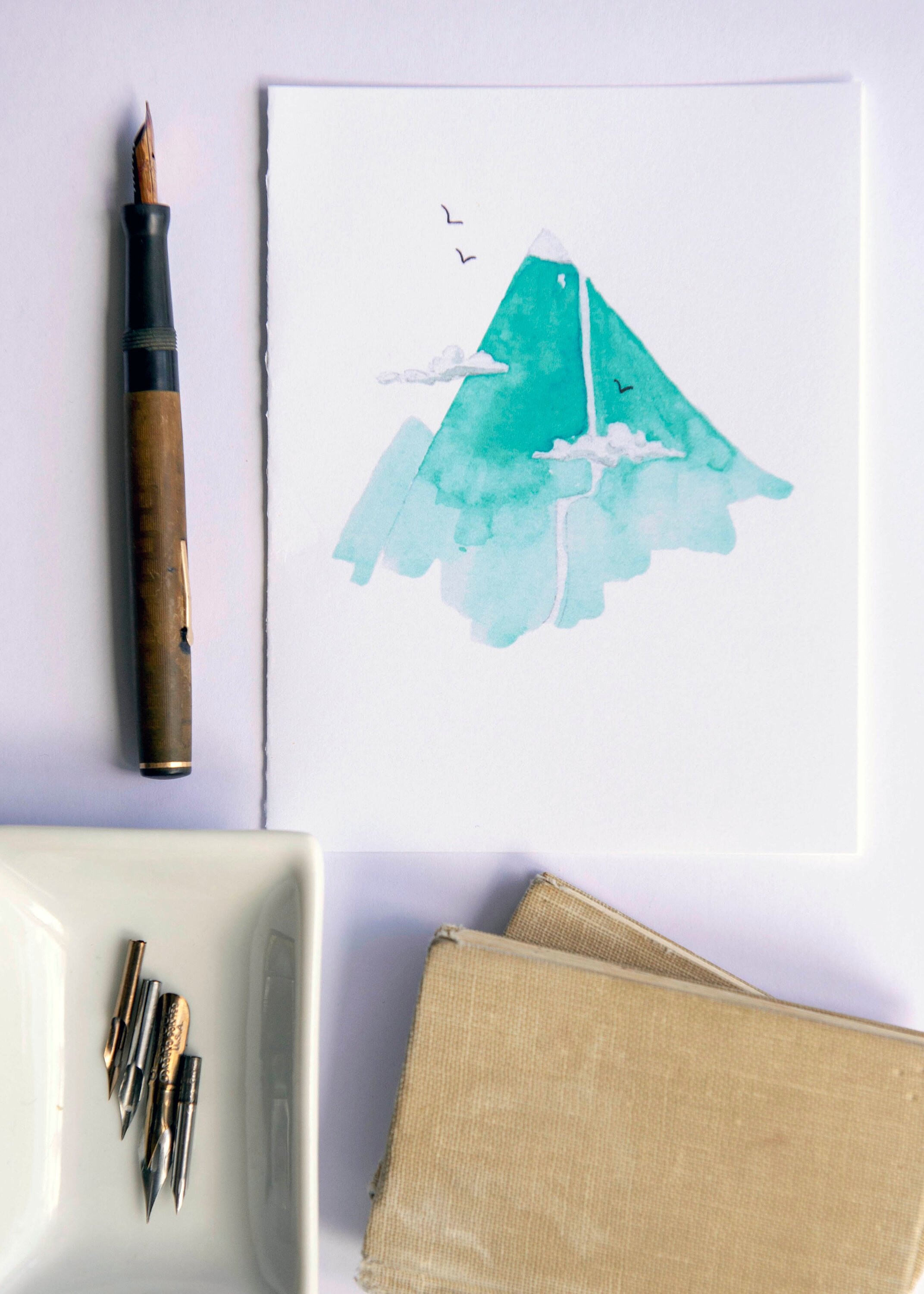 Paper Watercolor Mountain Thinking Of You Blank Inside Greeting Card ...