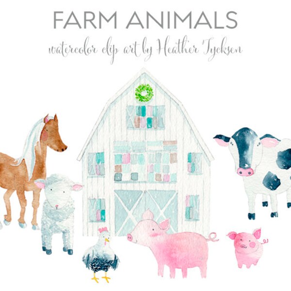 Farm Animals, Watercolor Clip Art, Barn, Cow, Horse, Pig, Chicken, Lamb, Baby Shower, Party Invitations, Nursery Art, Instant Download