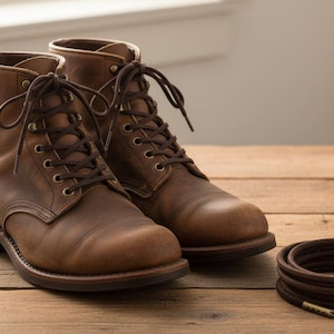 May include: A pair of brown leather lace-up boots with a rounded toe, featuring dark brown laces threaded through brass-coloured eyelets. A coiled set of matching brown leather laces with metal aglets sits to the right of the boots.