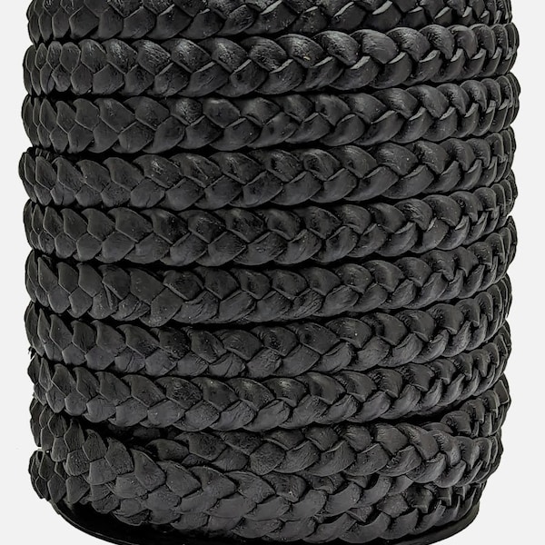 Flat Braided Leather Cord Black 10 mm x 2 mm