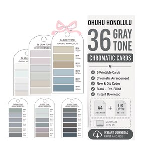 Puede incluir: Tarjetas cromáticas Ohuhu Honolulu 36 Gray Tone con seis etiquetas imprimibles que incluyen muestras de color y códigos. El conjunto incluye formatos A4 y US Letter, con dimensiones de tarjeta de 6 cm por 12 cm, listas para descarga inmediata.