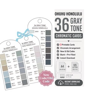 May include: Ohuhu Honolulu 36 Gray Tone chromatic cards set featuring printable tags with color swatches, codes, and a light blue ribbon accent. Includes A4 and US Letter size options, with individual card dimensions of 6 cm by 12 cm for organization.