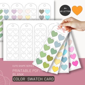 May include: Color swatch cards with heart shapes in various colors, including green, blue, yellow, pink, and purple. The cards are labeled "CUTE SHAPE SERIES" and "COLOR SWATCH CARD". The image also includes a heart-shaped graphic and the text "A4 US LETTER".