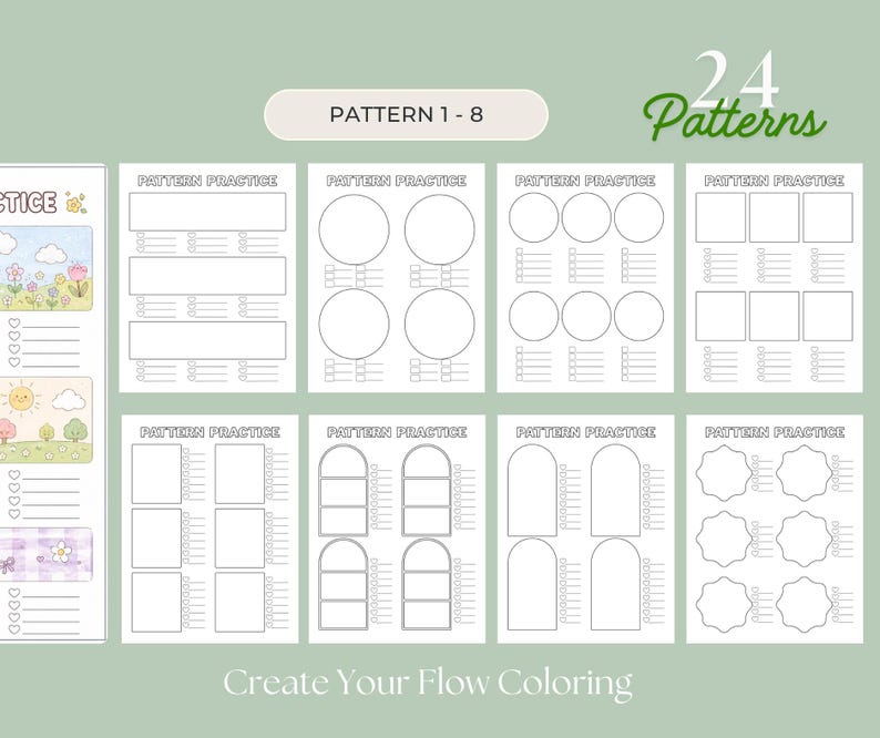 May include: A collection of printable pattern practice sheets with various shapes and designs, including circles, squares, and arches. The text "Pattern Practice" is visible on each sheet. The image also includes the text "Create Your Flow Coloring" and "24 Patterns".