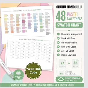 May include: Ohuhu Honolulu 48 Pastel Sweetness swatch chart digital download. Includes pre-filled and blank versions with new and old codes. Features A4 210 x 297 mm and US Letter 8.5 x 11 inch formats. A white marker with a green cap is visible.