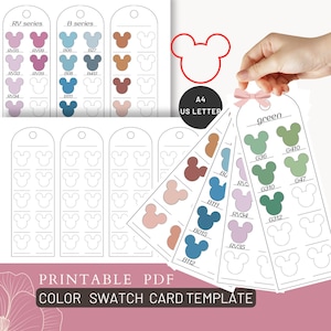 May include: Printable PDF color swatch card template featuring Mickey Mouse head shapes in various colors. The card includes color swatches in shades of pink, blue, green, and brown. The text "PRINTABLE PDF COLOR SWATCH CARD TEMPLATE" is visible.