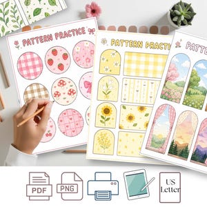May include: Three printable pattern practice sheets with various designs. One sheet features pink gingham, strawberries, and hearts. Another has yellow floral and gingham patterns. The third showcases scenic window views. Includes PDF, PNG, printer, tablet, and US Letter icons.