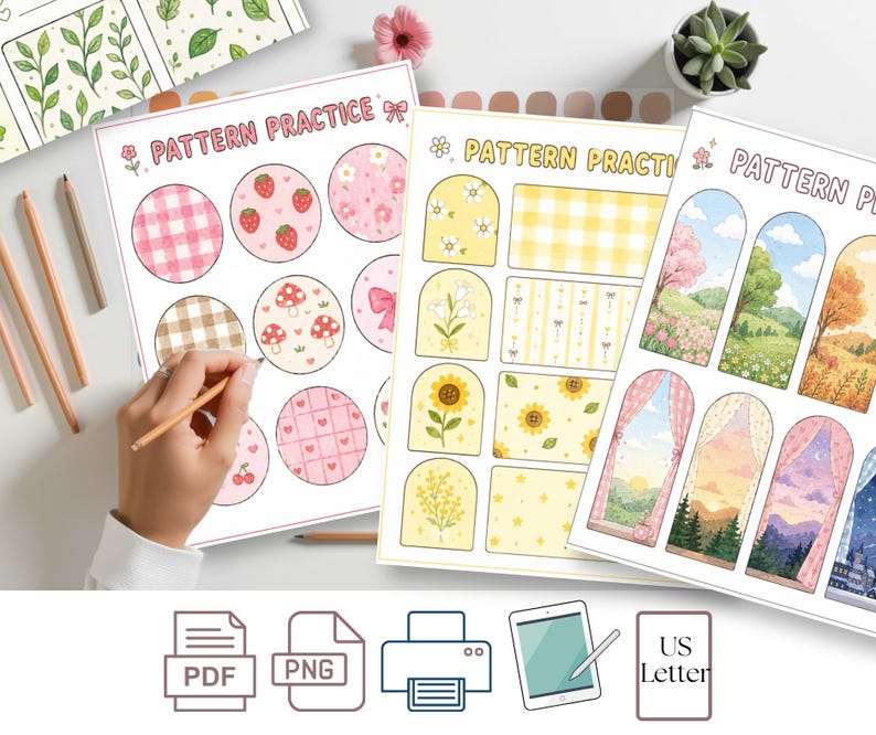 May include: Three printable pattern practice sheets with various designs. One sheet features pink gingham, strawberries, and hearts. Another has yellow floral and gingham patterns. The third showcases scenic window views. Includes PDF, PNG, printer, tablet, and US Letter icons.