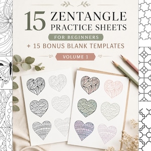 Peut inclure: Un ensemble de 15 feuilles d'entraînement Zentangle pour débutants et 15 modèles vierges bonus, volume 1. Les feuilles présentent des motifs en forme de cœur en noir et blanc avec des détails complexes, deux crayons et des éléments botaniques.