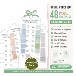 Pode incluir: Cartões cromáticos Ohuhu Honolulu 48 Pastel Sweetness com amostras de cores em forma de etiqueta e códigos. Inclui formatos A4 e US Letter, tamanho de cartão 6 por 12 cm e emblema New+Old Code. Texto: Chromatic Arrangement, Blank with Code, Pre-Filled Version, New & Old Codes, A4 + US Letter, Instant Download.