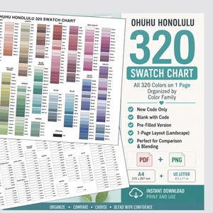 Ohuhu Honolulu 320 Swatch Chart | 1-Page Color Reference | New Code Only | Blank and Pre-Filled | PDF PNG | A4 abd US Letter