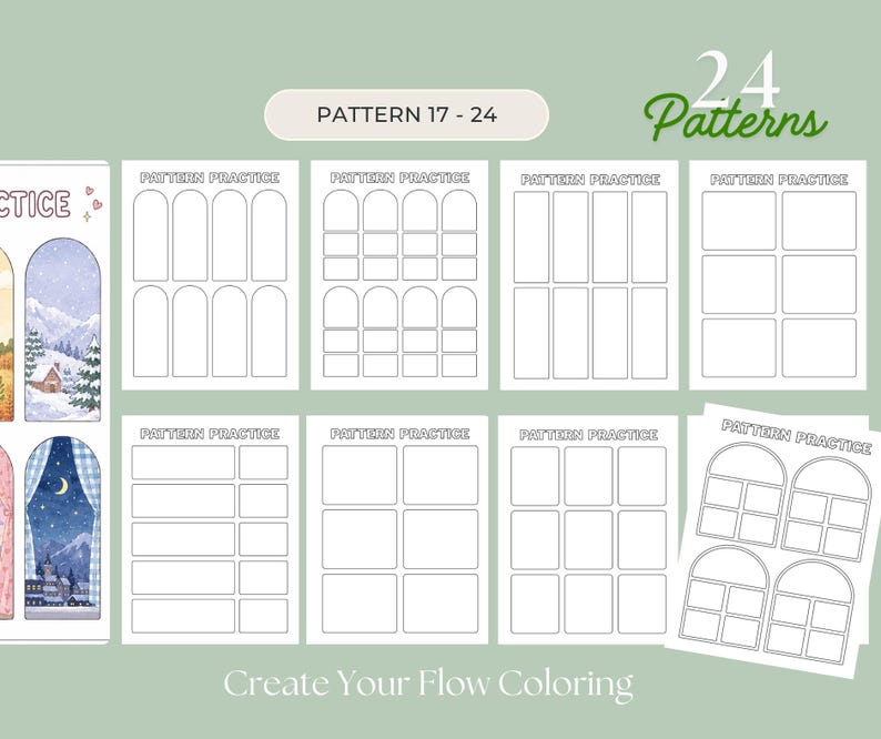 May include: A collection of coloring pages with various window-shaped patterns for creative expression. The pages are labeled "Pattern Practice" and include the text "Create Your Flow Coloring". The image also features the text "24 Patterns" and "Pattern 17-24".