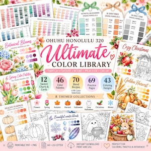 May include: A digital collection of Ohuhu Honolulu 320 Ultimate Color Library resources including swatch charts, color palettes, blend recipes, practice pages, and coloring designs. The layout features floral and seasonal illustrations.