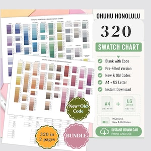 Pode incluir: Conjunto de tabelas de cores Ohuhu Honolulu 320 com versões preenchidas e em branco, incluindo códigos novos e antigos. Inclui formatos A4 210 x 297 mm e US Letter 8.5 x 11 in. As páginas imprimíveis exibem grades de cores para marcadores.