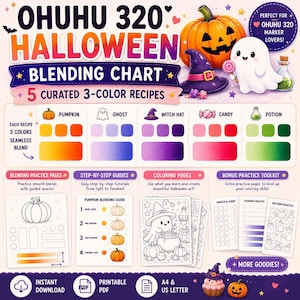 Könnte beinhalten: Eine Ohuhu 320 Halloween-Farbmischtabelle mit fünf kuratierten 3-Farben-Rezepten für Kürbis, Geist, Hexenhut, Süßigkeiten und Zaubertrank. Enthält Übungsseiten zum Mischen, Schritt-für-Schritt-Anleitungen, Malvorlagen und ein Bonus-Toolkit.