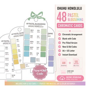 May include: Ohuhu Honolulu 48 Pastel Blossoming chromatic cards set featuring printable color swatch tags with codes, a pink informational sidebar with checkmarks, and A4 plus 8.5 by 11 inch paper size indicators for digital download.