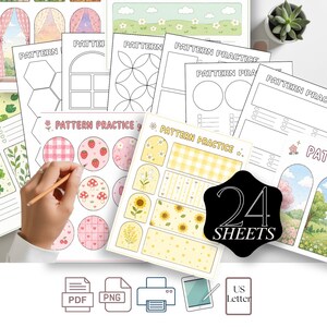 May include: A collection of pattern practice sheets with various designs, including floral, gingham, and geometric patterns. The sheets are in black and white and color, with the text "PATTERN PRACTICE" visible. The image also shows a pencil and a small succulent.