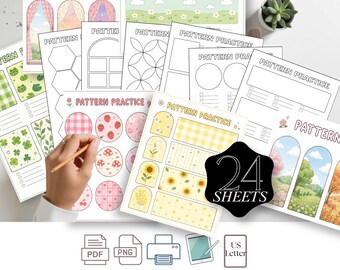 Pattern Practice Sheets Bundle for Markers, 24 Printable Coloring Templates, Floral Geometric Aesthetic Grid Layout,Instant Download PDF-PNG