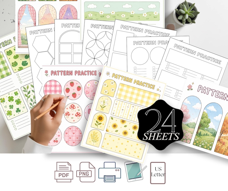 May include: A collection of pattern practice sheets with various designs, including floral, gingham, and geometric patterns. The sheets are in black and white and color, with the text "PATTERN PRACTICE" visible. The image also shows a pencil and a small succulent.