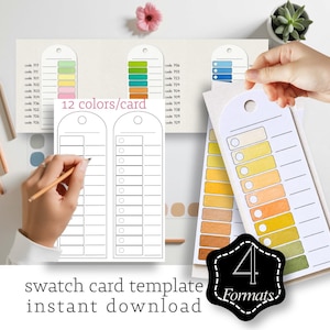 Op de afbeelding: Kleurstaalkaart sjablonen met 12 kleuren per kaart. De kaarten tonen verschillende kleurenpaletten, waaronder geel, groen en blauw. De tekst "swatch card template instant download" is zichtbaar.