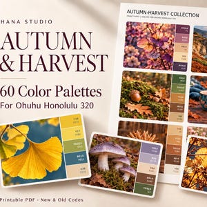 May include: A digital collection titled Autumn & Harvest featuring 60 color palettes for Ohuhu Honolulu 320 markers. The document displays various nature photographs paired with corresponding color swatches, including images of ginkgo leaves, mushrooms, and forest scenes with labeled color codes.