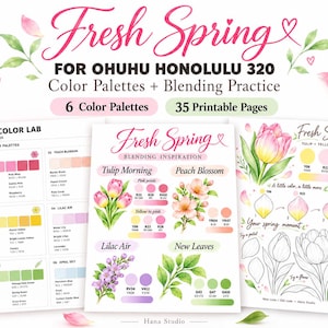 May include: A digital printable set titled Fresh Spring for Ohuhu Honolulu 320 markers, featuring 35 pages of color palettes and blending practice. The sheets display watercolor illustrations of tulips, cherry blossoms, lilacs, and leaves with color codes.