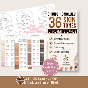 May include: A set of Ohuhu Honolulu 36 skin tones chromatic cards in PDF format. The printable sheets feature tag-shaped templates with color codes, including blank and pre-filled versions in A4 and US Letter sizes, with a pink ribbon graphic.
