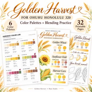 May include: A digital download set titled Golden Harvest for Ohuhu Honolulu 320 markers, featuring 32 printable pages with 6 color palettes and blending practice sheets. The pages display illustrations of wheat, sunflowers, and corn with color codes.