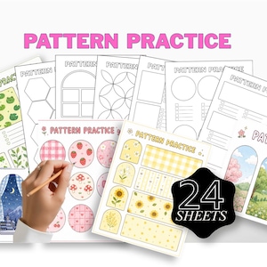 May include: A collection of 24 sheets of Pattern Practice paper featuring various designs including geometric shapes, floral motifs, landscapes, and checkered patterns. The pages include outlines for coloring and creative exercises with text.