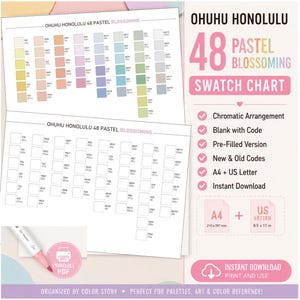 May include: Ohuhu Honolulu 48 Pastel Blossoming swatch chart featuring a pre-filled colour grid and a blank version with codes. Includes A4 210 x 297 mm and US Letter 8.5 x 11 inch printable PDF formats. A pink printer icon and a pink marker are visible.