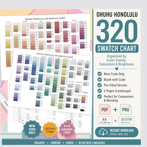 May include: Ohuhu Honolulu 320 swatch chart featuring two landscape pages with color grids organized by family, saturation, and brightness. Includes PDF and PNG formats in A4 210 x 297 mm and US Letter 8.5 x 11 in sizes for instant download.