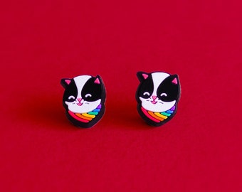 Kitten Cat LGBT Queer Pride Stud Earrings — Pride LGBT Rainbow Queer Earrings Minimalist Subtle Pride Accessory Discreet