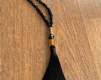 Long silk tassel necklace, Crystal black beads, black tassel, touch of gold, clean and minimalistic ,Tibetan gold Amulet , Fashion jewelry##