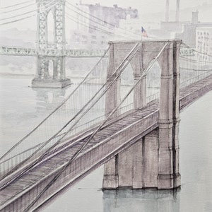 New York landscape painting, original watercolor 12&quot; x 9&quot; - Title: &quot;Brooklyn Bridge&quot; NYC Brooklyn Bridge cityscape by artist Peter Lee