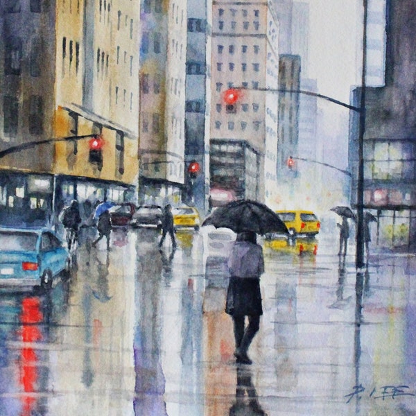 Watercolor 10x8 - Rainy Evening, original watercolor painting, NYC cityscape painting by artist Peter Lee