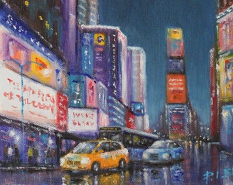 New York landscape painting, original oil painting on canvas 8" x 8" - Title: "Times Square NYC" Times Square cityscape by artist Peter Lee