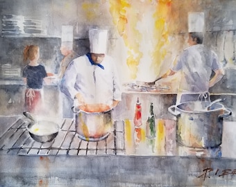 Chef painting, original watercolor 14" x 18" - Title: "Three Chefs" figurative painting by artist Peter Lee