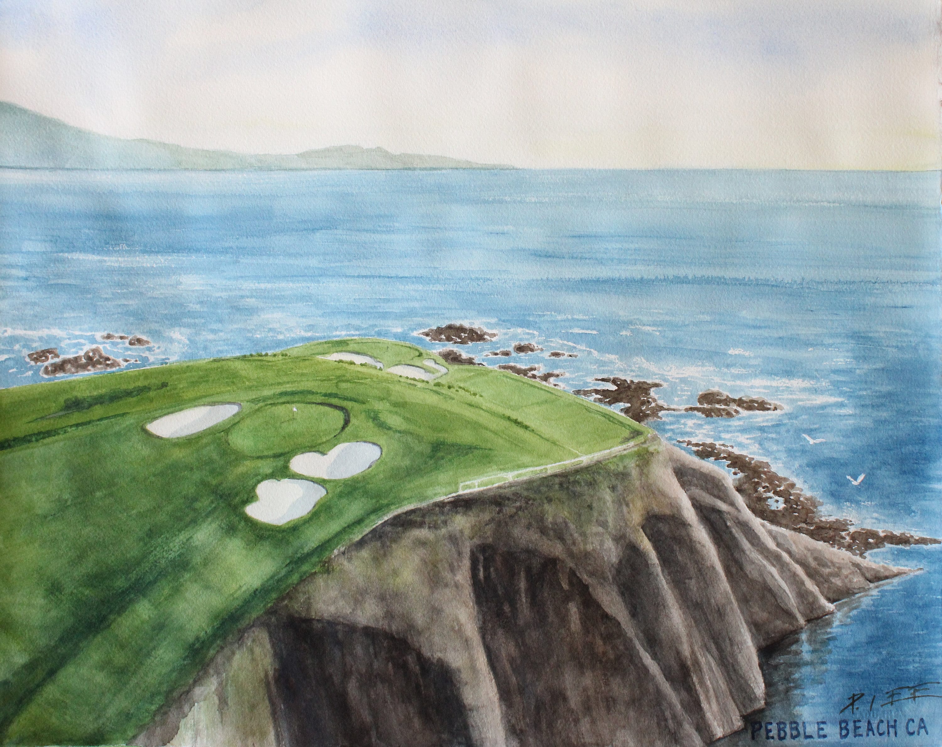 Golf Course Painting, Pebble Beach Golf Links, Original Watercolor
