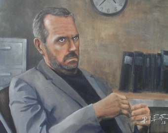 Portrait painting, original oil painting on canvas 16" x 20" - Title: "Dr. House" figurative actor TV character painting by artist Peter Lee