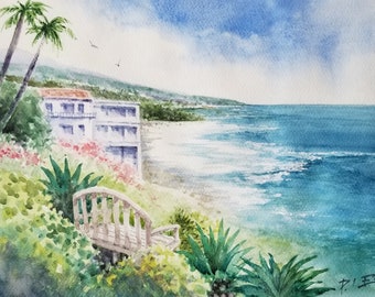 Laguna Beach California landscape painting, original watercolor 11" x 14" - Title: "Montage Laguna Beach California" by artist Peter Lee