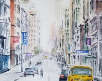 New York landscape painting, original watercolor 14" x 11" - Title: "NYC - SoHo Afternoon" Manhattan cityscape by artist Peter Lee