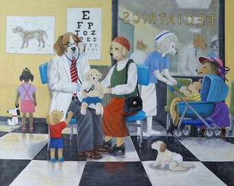 Pet parody painting, original oil painting on canvas 24" x 30" - Title: "The Clinic" dogs in human setting, pet painting by artist Peter Lee