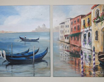 Venice Italy landscape painting, a set of 2 original oil paintings, 24" x 18" each, overall 24" x 36" - Title: "Venice" by artist Peter Lee