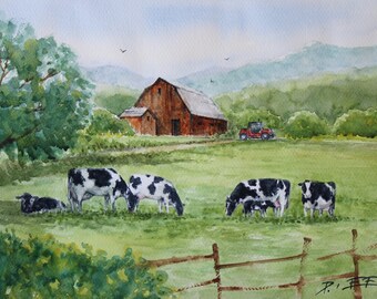 Cow painting, original watercolor 11" x 14" - Title: "Cow-scape" pastoral scenery painting by artist Peter Lee