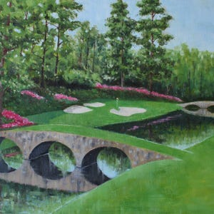 Peinture de parcours de golf, Augusta National Golf Club GA, Cloche d&#39;or n° 12, peinture à l&#39;huile 16 x 20 pouces - Titre : « Augusta National Amen Corner »