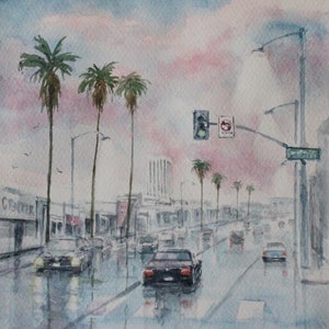 Los Angeles California landscape painting, original watercolor 8&quot; x 10&quot; - Title: &quot;Sunset Boulevard Los Angeles&quot; by artist Peter Lee