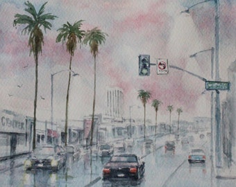 Los Angeles California landscape painting, original watercolor 8" x 10" - Title: "Sunset Boulevard Los Angeles" by artist Peter Lee