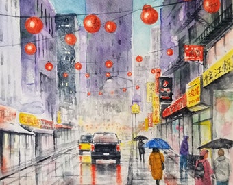 New York landscape painting, original watercolor 14" x 11" - Title: "Colors of China Town NYC" Manhattan cityscape by artist Peter Lee