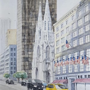 May include: Watercolour painting of a city street scene with a white church with twin spires. A yellow taxi and black cars are on the street. Buildings and flags are visible. The painting uses a muted colour palette.