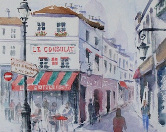 Paris cafe painting, original watercolor 10" x 8" - Title: "Cafe Le Consulat, Montmartre, Paris" French cafe by artist Peter Lee